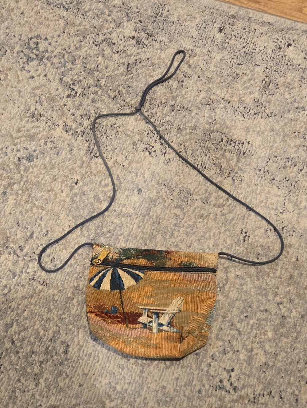 Tapestry Beach Scene Crossbody Bag in Tan and Blue